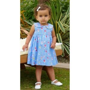Rachel Riley Baby Girl Sailboat Print Cotton Dress Blue Peter Pan Collar 6M